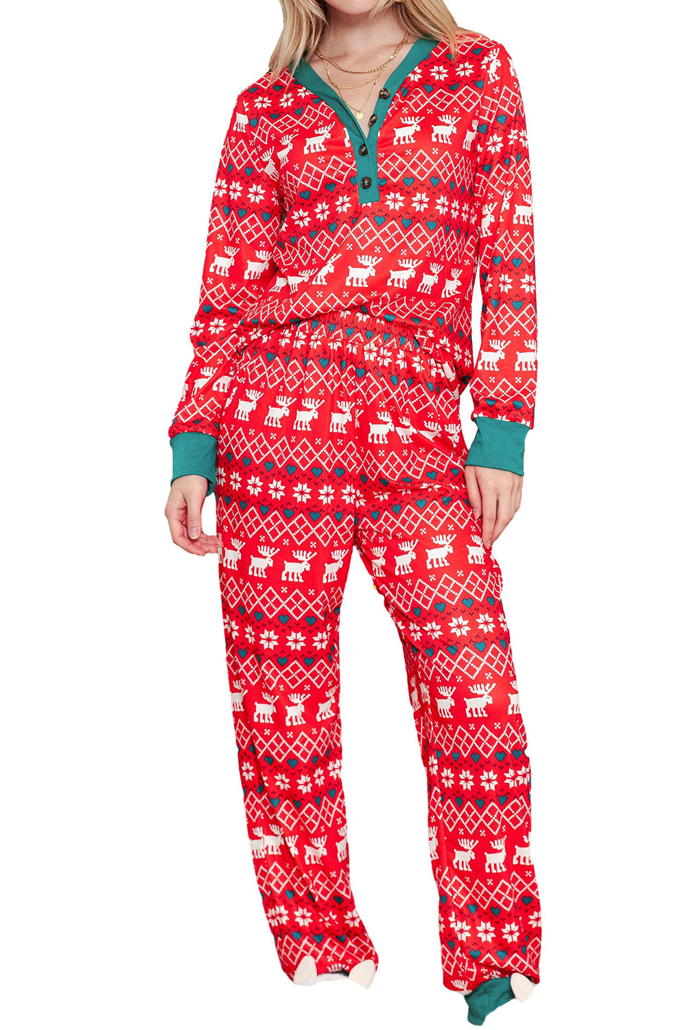 Red Christmas Print Henley Top & Pants Pajama Set