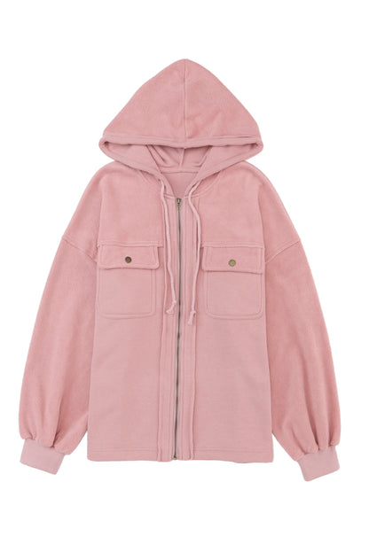 Apricot Bishop Sleeve Zip Up Hoodie Jacket with Flap Pockets