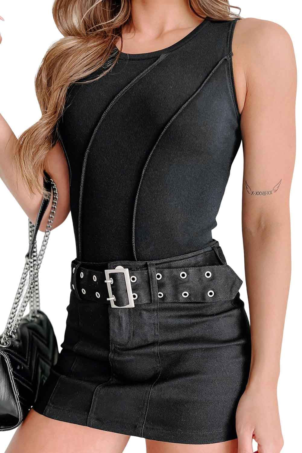 Black Expose Seam Detail Sleeveless Bodysuit