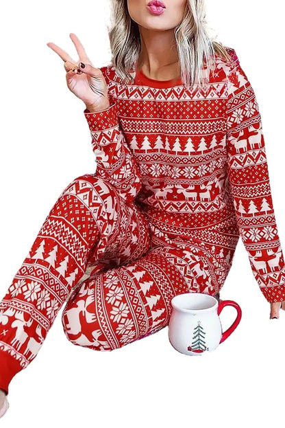 Red Christmas Tree Reindeer Pullover & Pants Loungewear Set