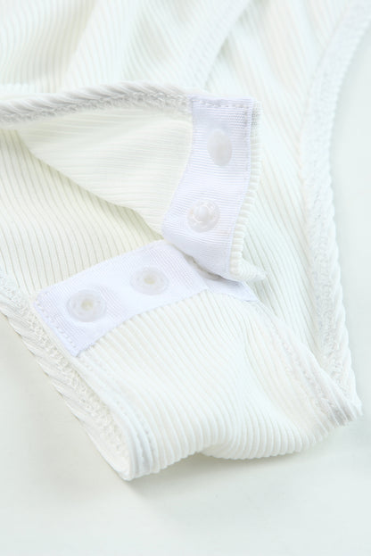 White Ribbed Knit Button Notch Adjustable Straps Bodysuit