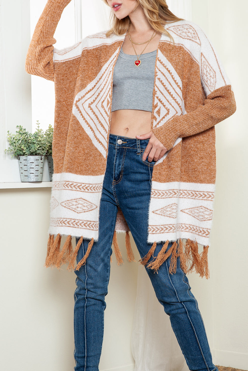 Brown Colorblock Furry Knit Tassel Hem Cardigan