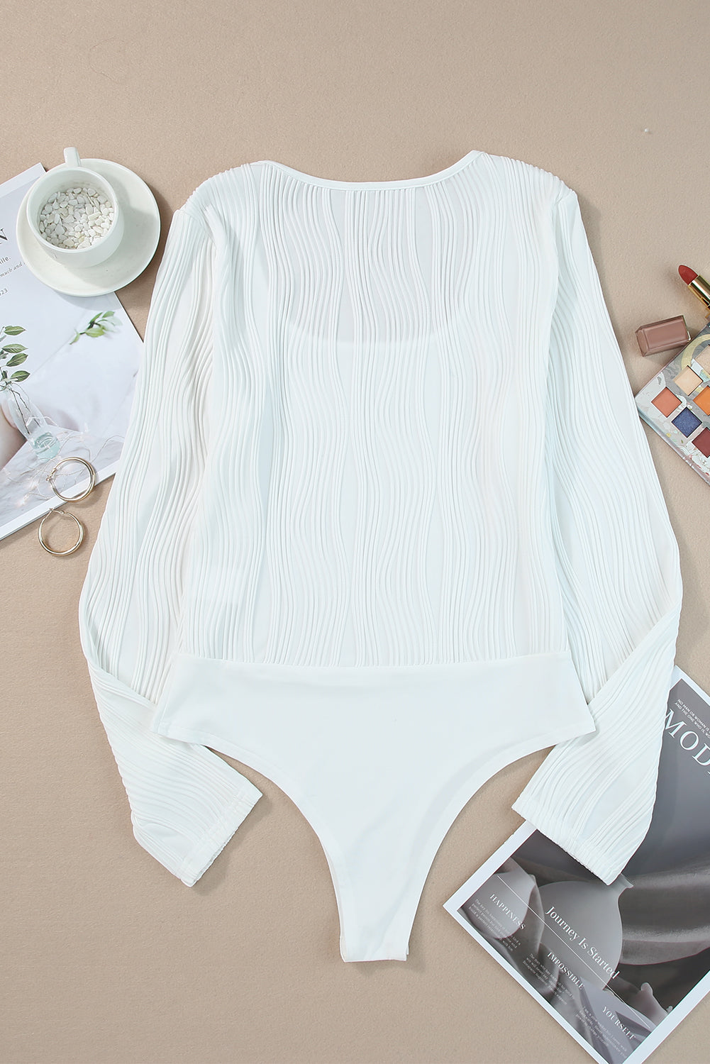 Bright White Ribbed Knit Long Sleeve Square Neck Bodysuit