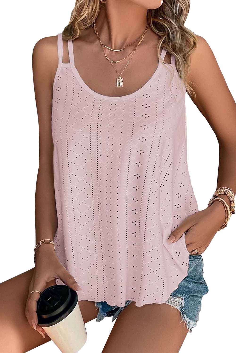 Black Eyelet Strappy Scoop Neck Tank Top