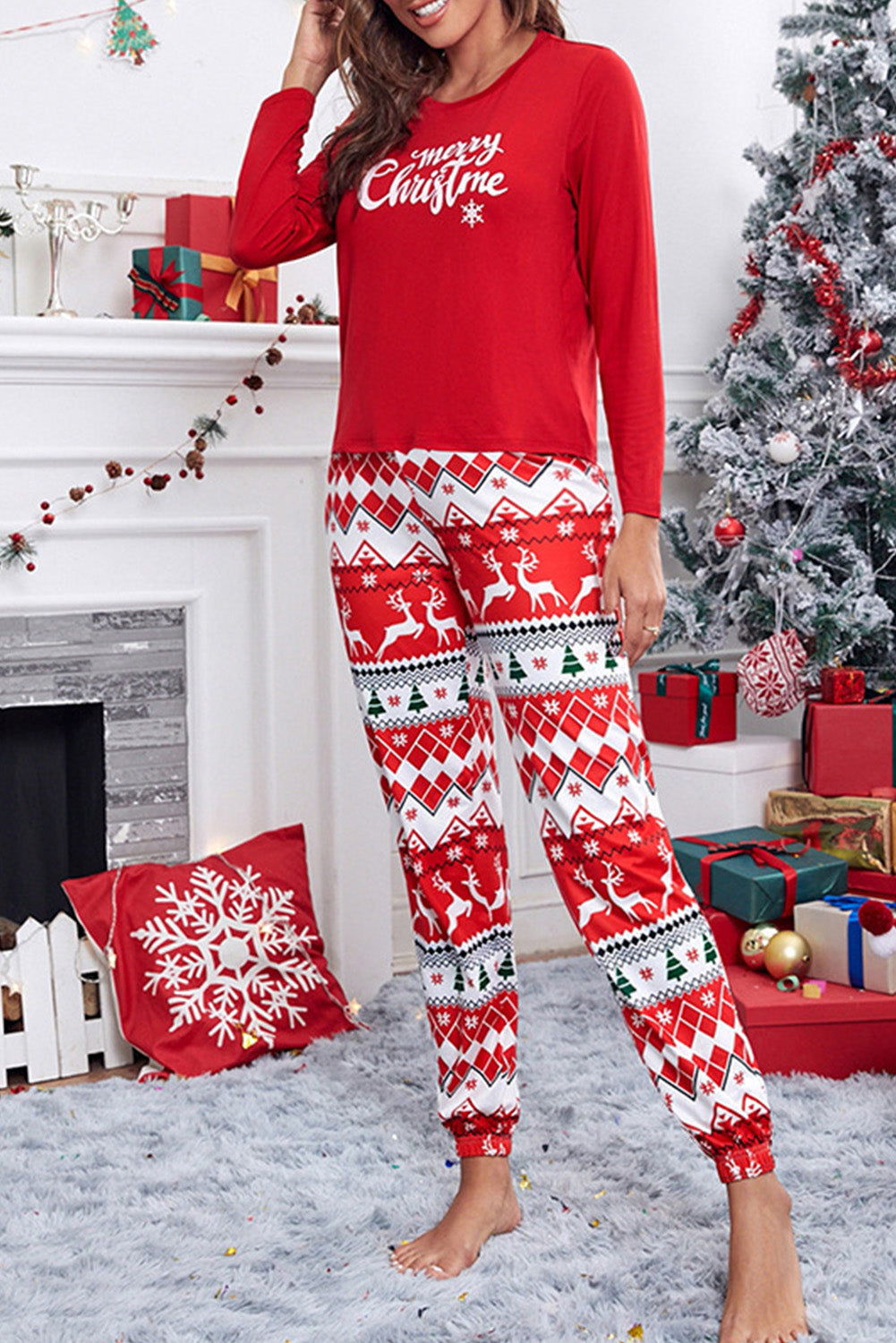 Red Christmas Printed Long Sleeved Longewear Set