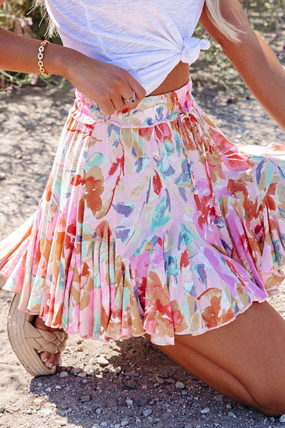 Multicolor Abstract Floral Print Ruffled High Waist Mini Skirt