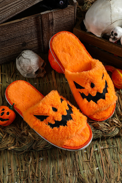 Yellow Fuzzy Halloween Pumpkin Open Toe Slippers