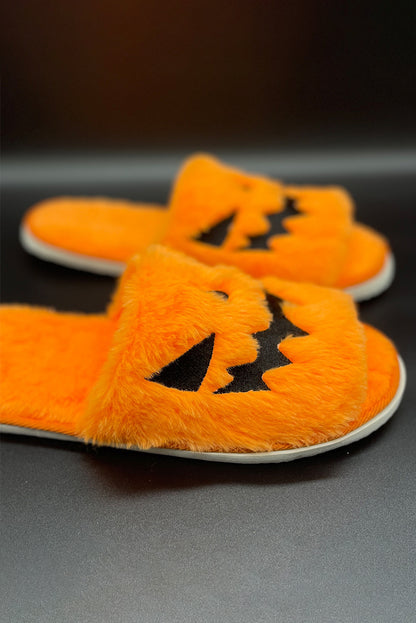 Yellow Fuzzy Halloween Pumpkin Open Toe Slippers