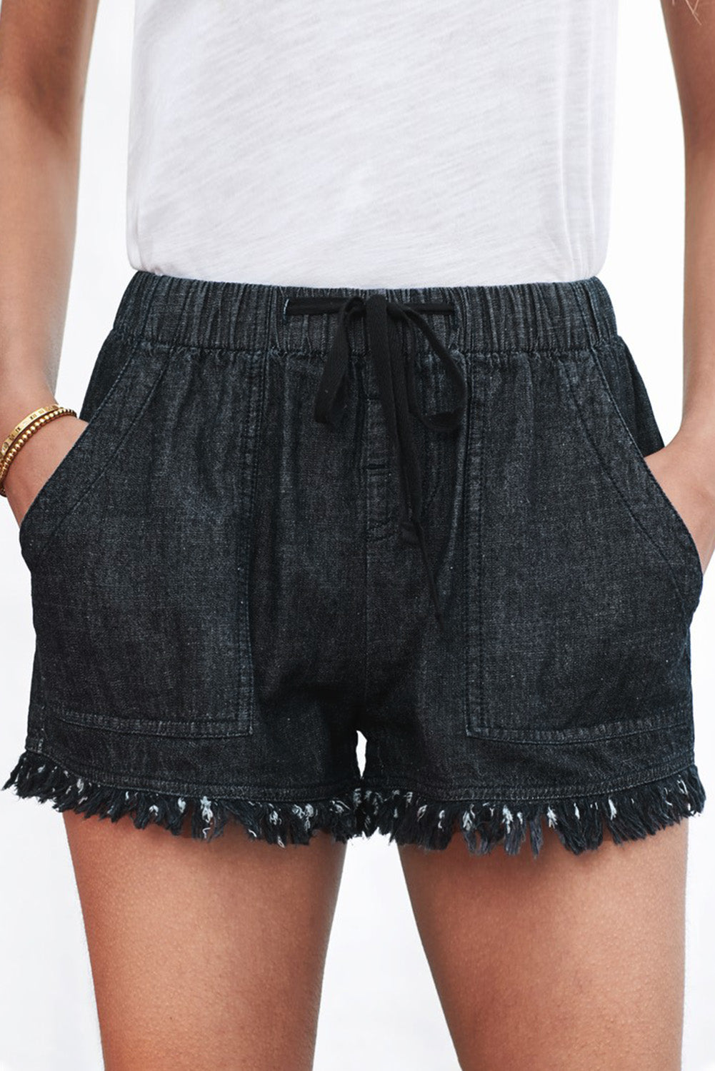 Black Casual Drawstring Pocketed Frayed Hem Denim Shorts