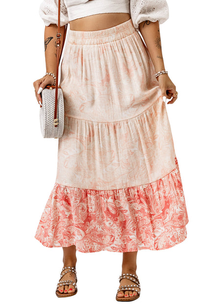 Pink Floral Print Boho Ruffle Hem Tiered Maxi Skirt