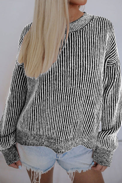 Red Casual Stripe Print Round Neck Sweater