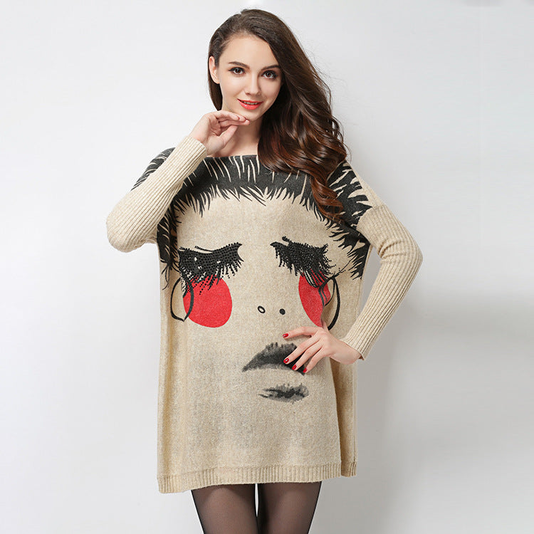 Women Sweater Loose Personalized Printed Wool Blended Sweater Top