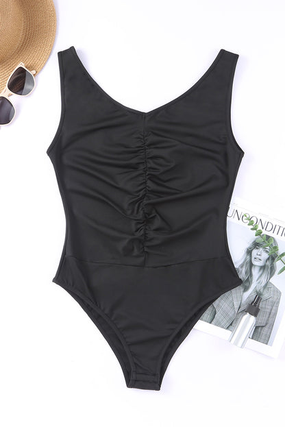 Black V Neck Ruched Casual Sleeveless Bodysuit