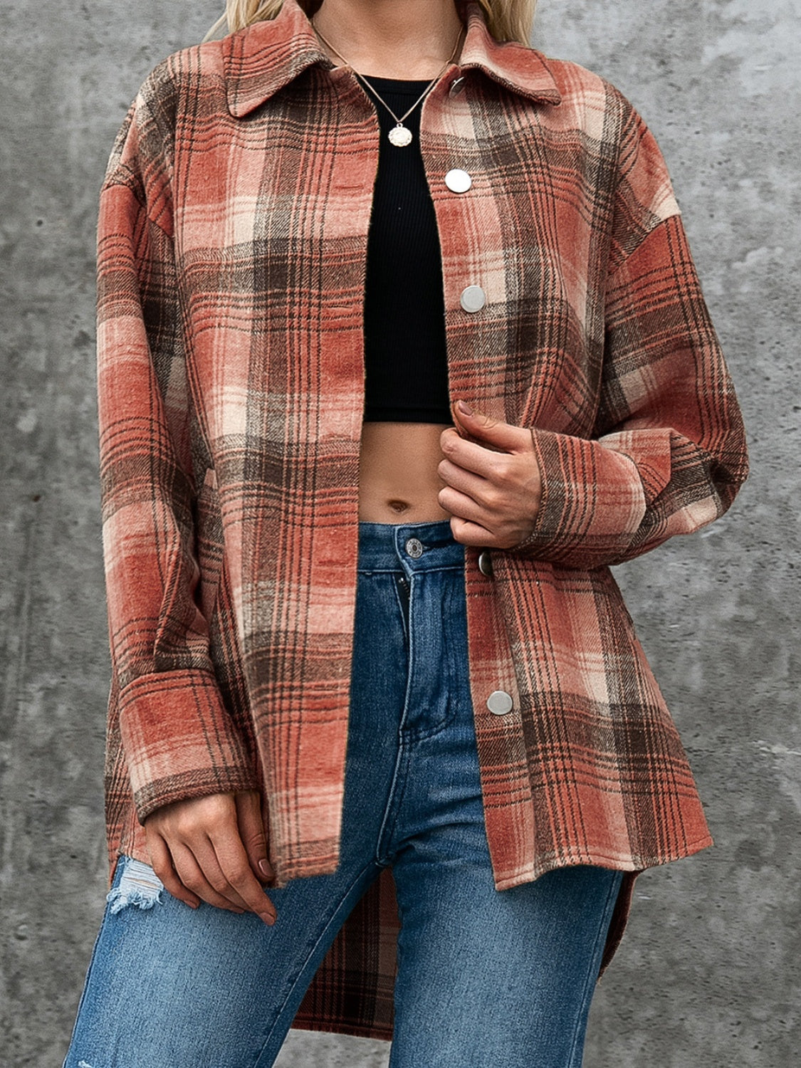 Ivy Lane Plaid Button Up Long Sleeve Jacket