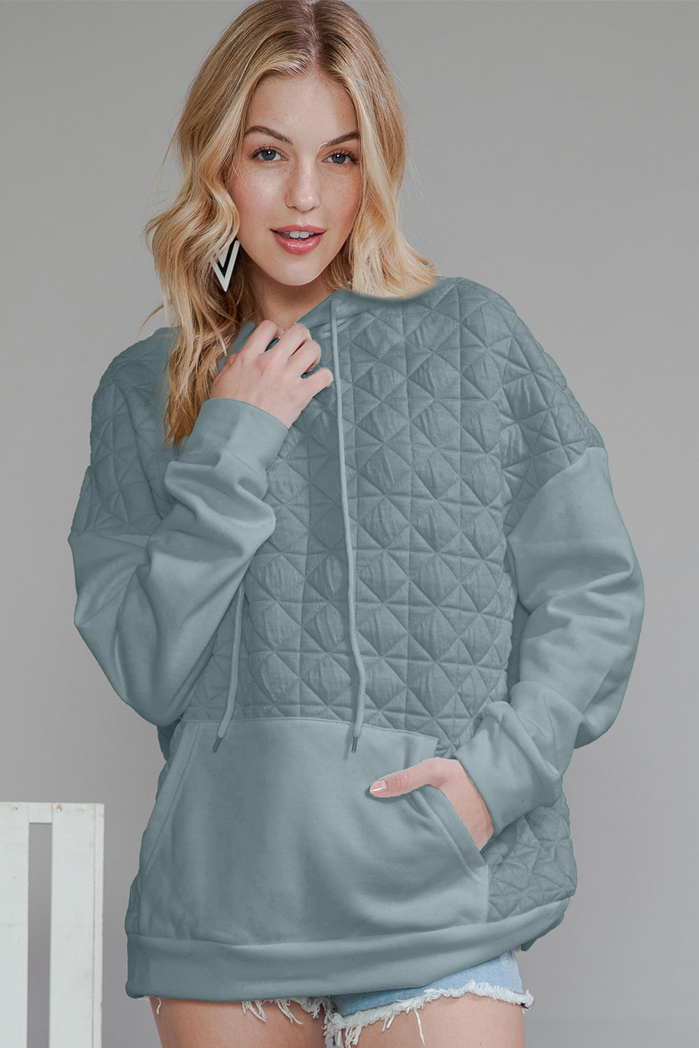 Light Grey Drop Shoulder Kangaroo Pocket Patchwork Quilted Hoodie