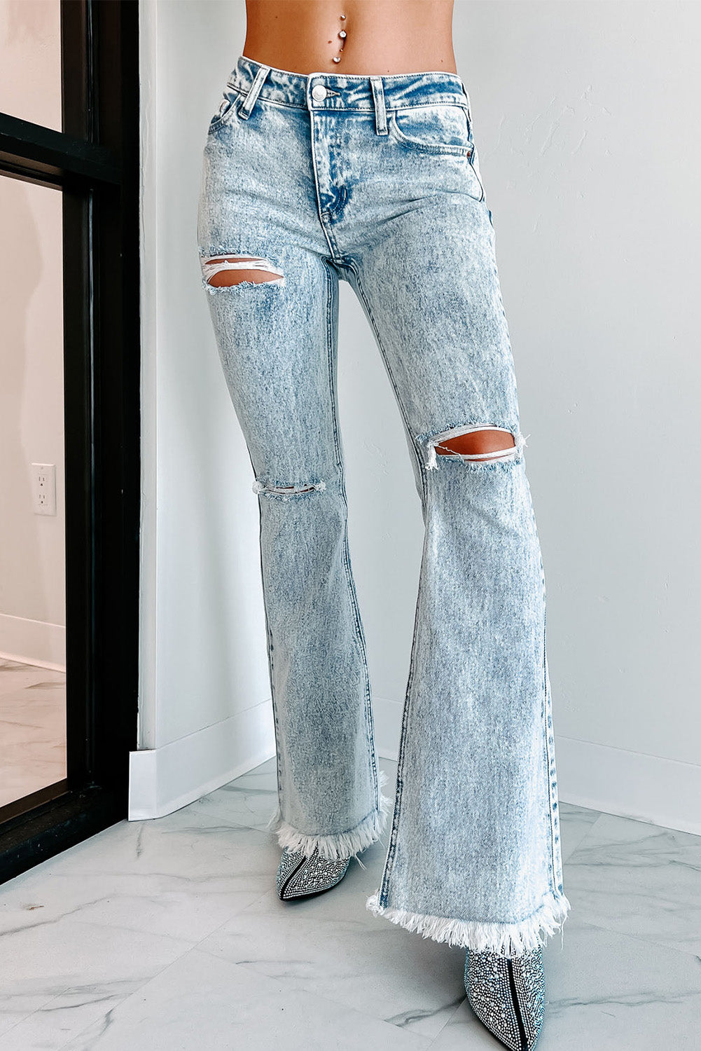 Light Blue Casual Distressed Washed Flare Jeans