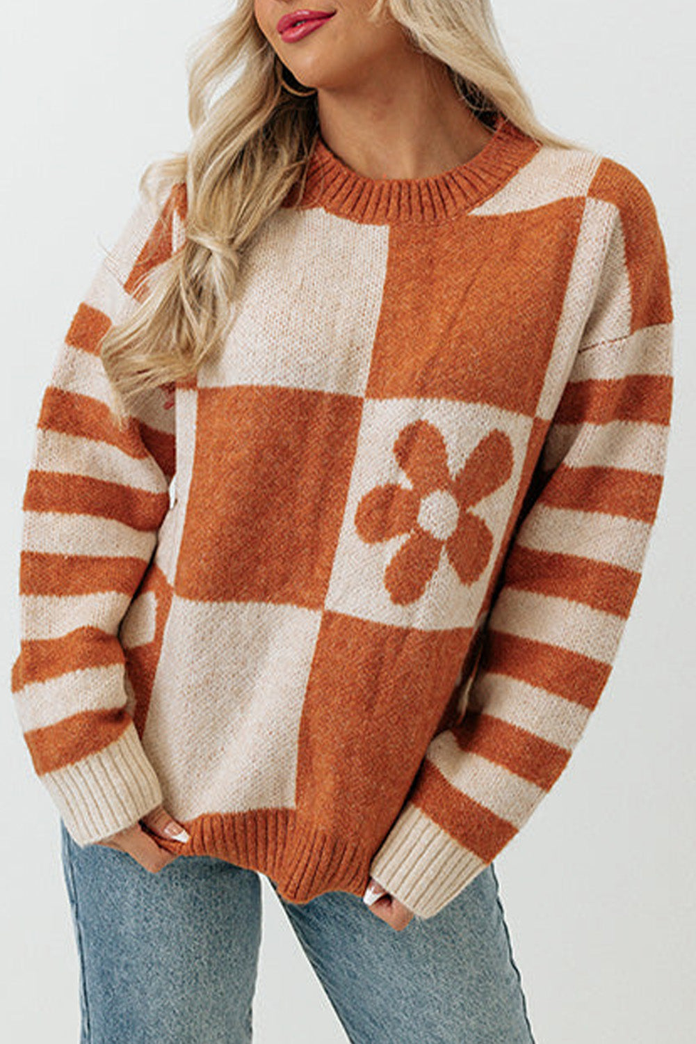 Brown Checkered and Striped Knitted Pullover Sweater