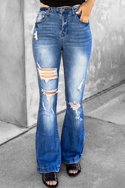 Blue Distressed High Waist Flare Jeans