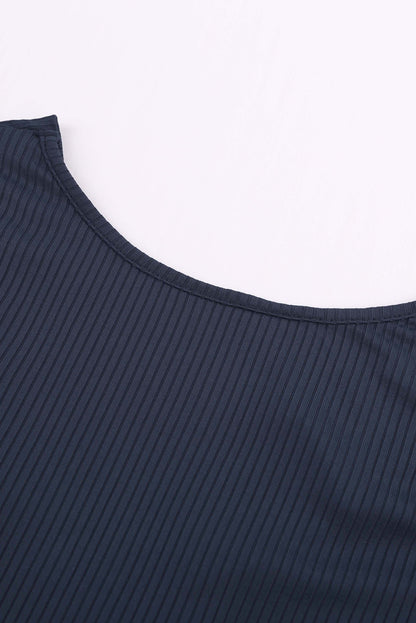 Button V Neck Casual Navy Blue Rib-Knit Tank Top for Women