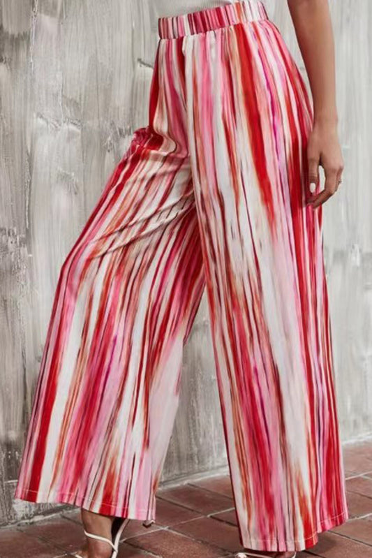 Strawberry Pink Casual Striped Print Wide Leg Pants