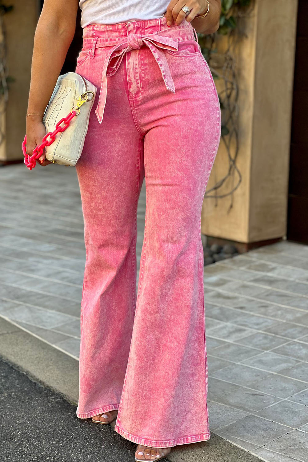 Pink Casual Front Knot High Waist Flare Leg Jeans