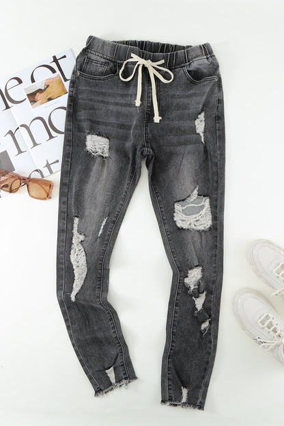 Dark Blue Casual Hole Drawstring Elastic Waist Jeans