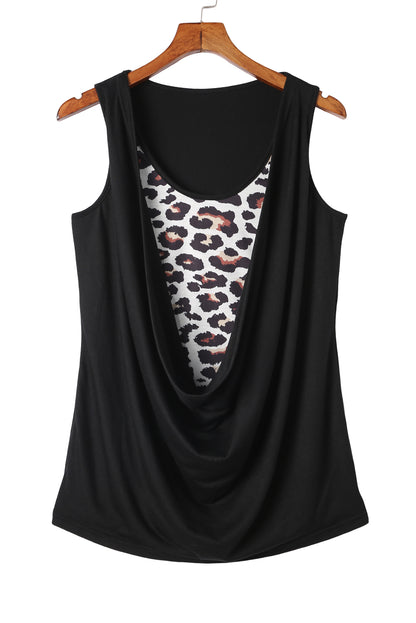 Black Leopard Ruched Fake Two Piece Tank Top