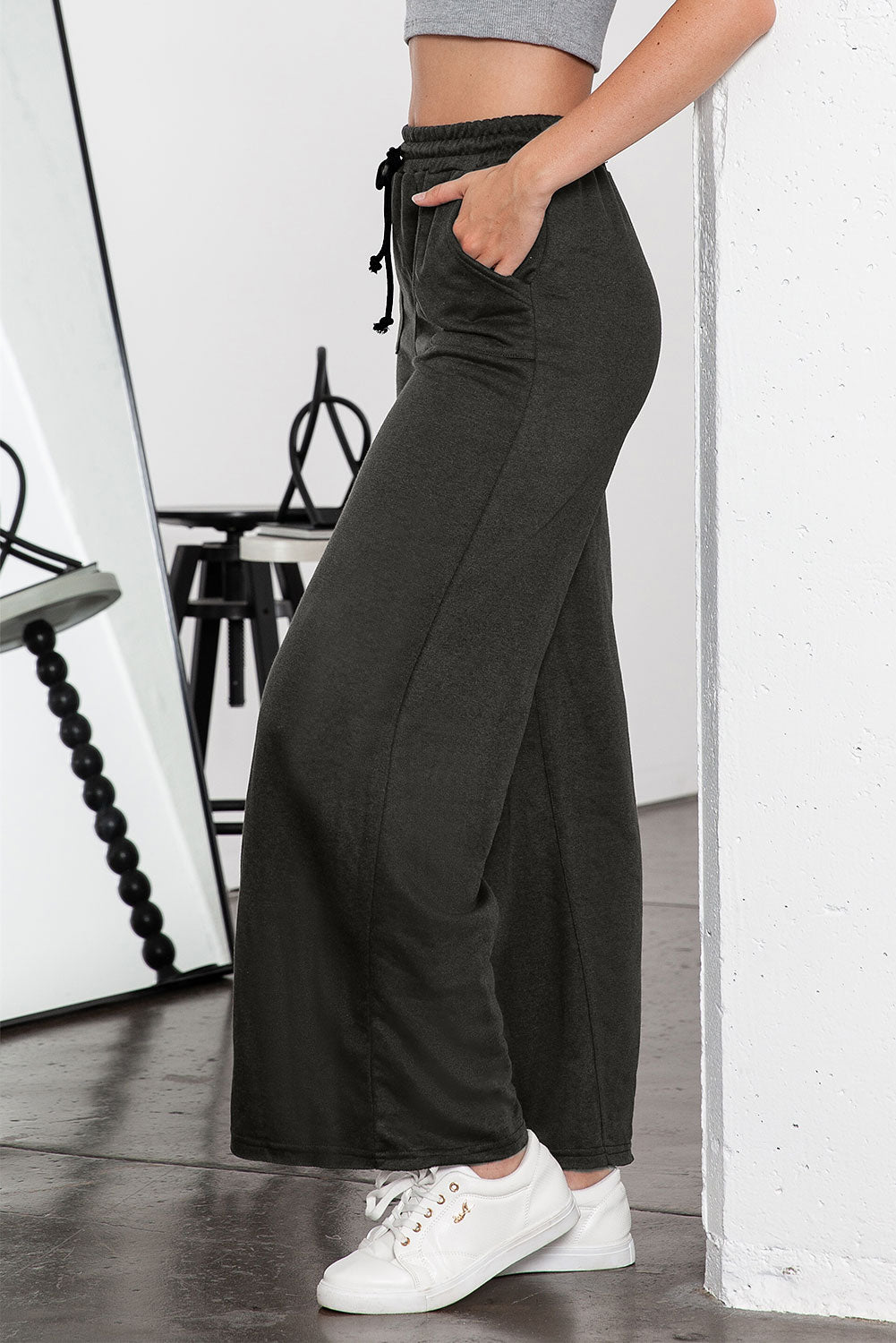 Grey Mineral Washed Drawstring High Waisted Wide Leg Pants