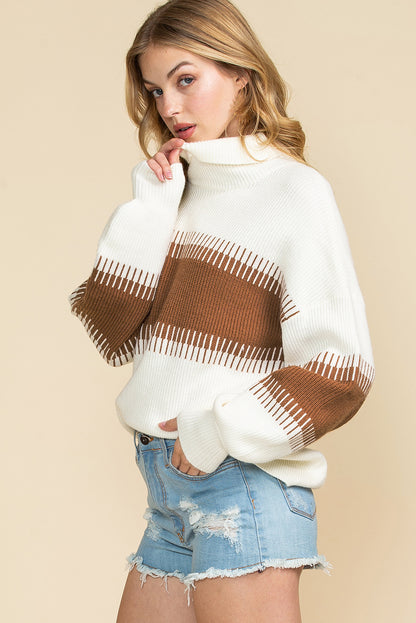 White Ribbed High Neck Bishop Sleeve Sweater