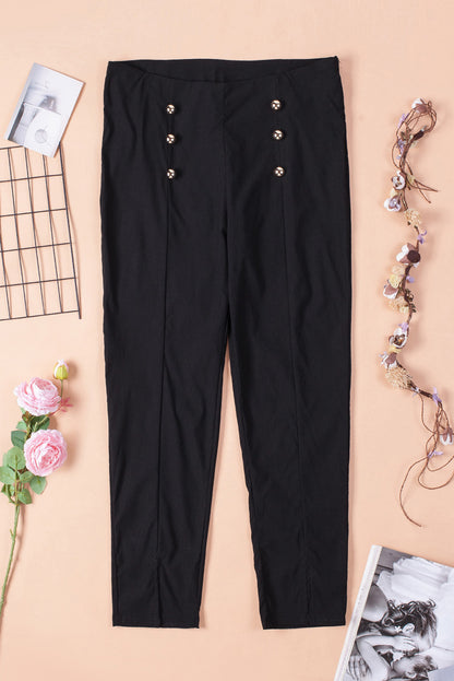 Black Casual Buttons Slit Skinny Pants