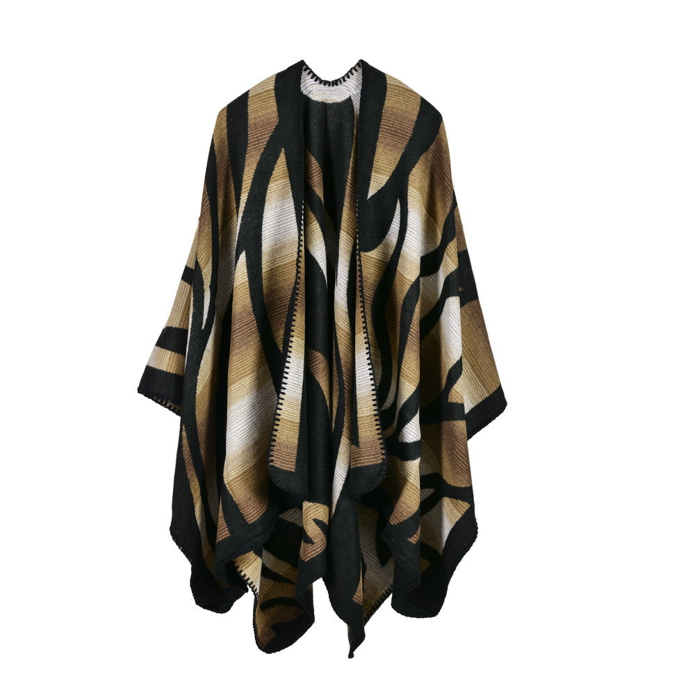 Ladies Camouflage Gradient Color Imitation Cashmere Split Lengthen Thicken Shawl Cloak