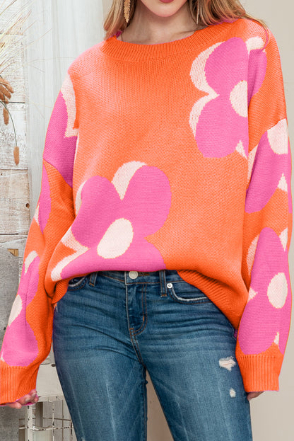 Pink & Orange Floral Cable Knitted Sweater