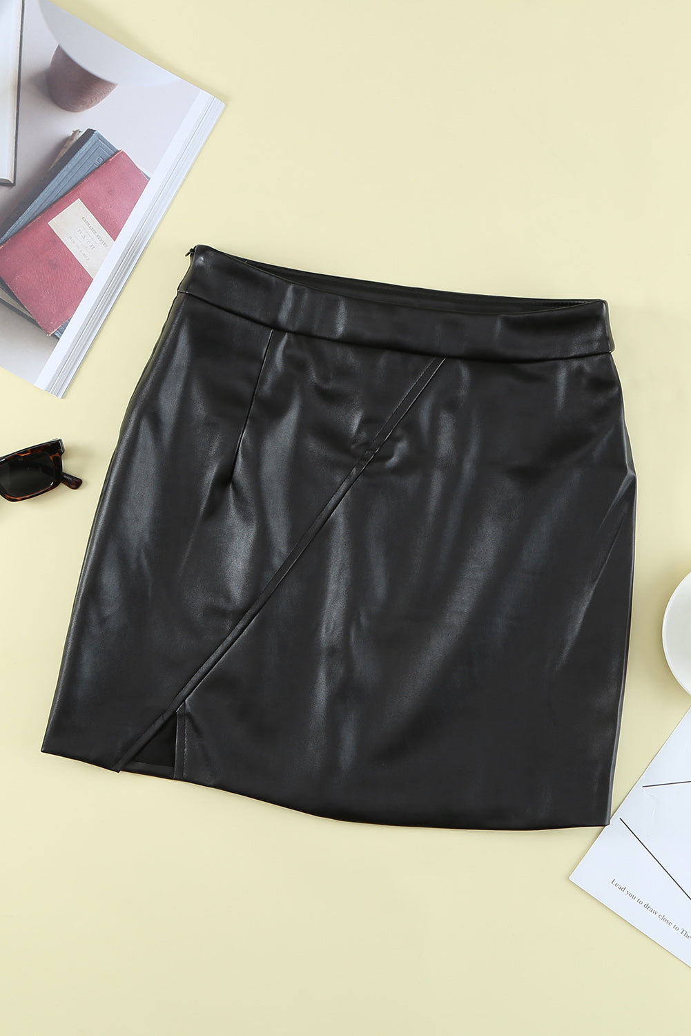 Black Back Zipper High Waisted Faux Leather Mini Skirt