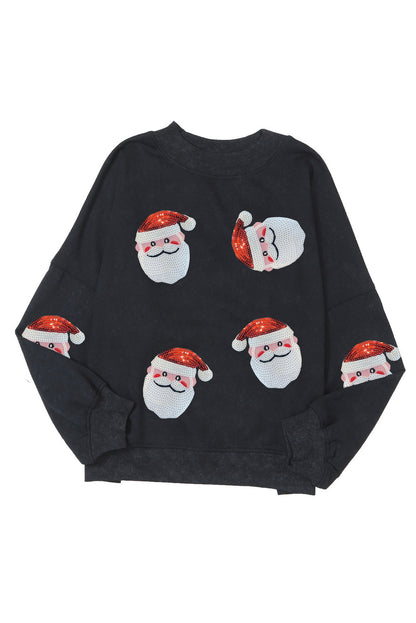 Black Washed Graphic Sequins Santa Claus Christmas Sweatshirt