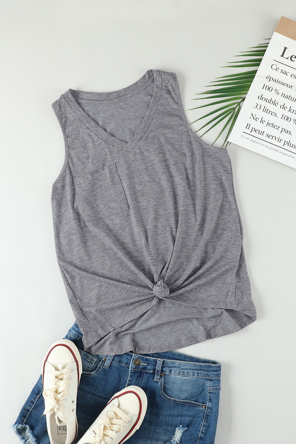 Gray Casual V Neck Racerback Tank Top With Pocket