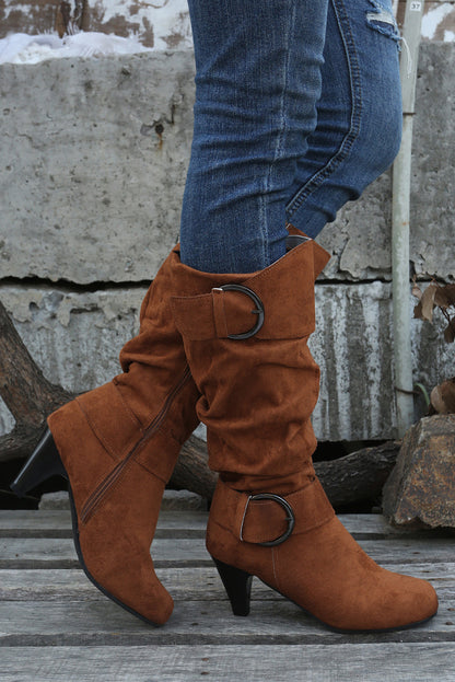 Chestnut Buckle Decor Ruched Zipper Heeled Boots