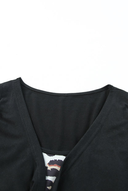 Black Leopard Ruched Fake Two Piece Tank Top