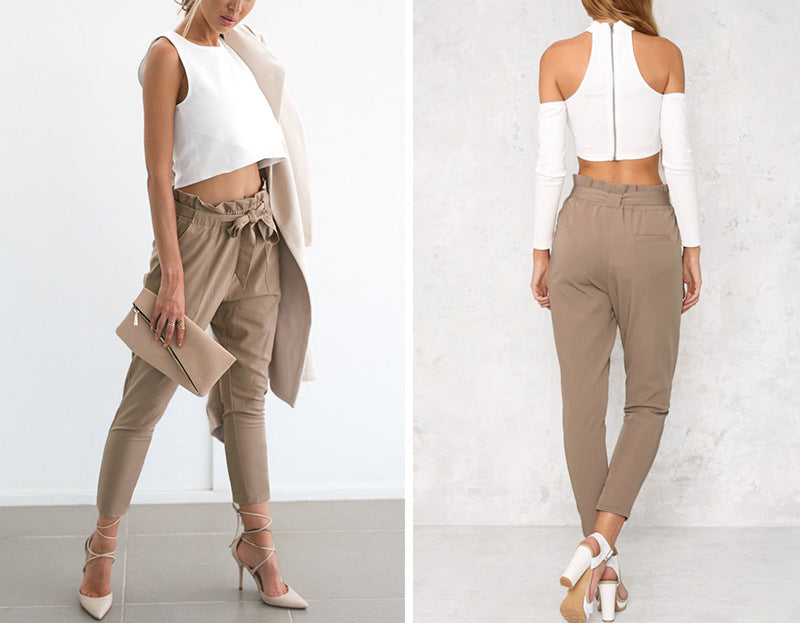 Women Pants Spring Autumn Casual Cropped Pants Belted