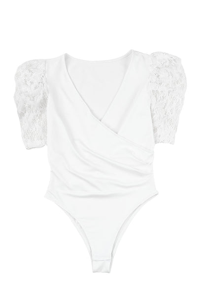 Ivory Lace Short Sleeve Wrap V Neck Bodysuit for Women
