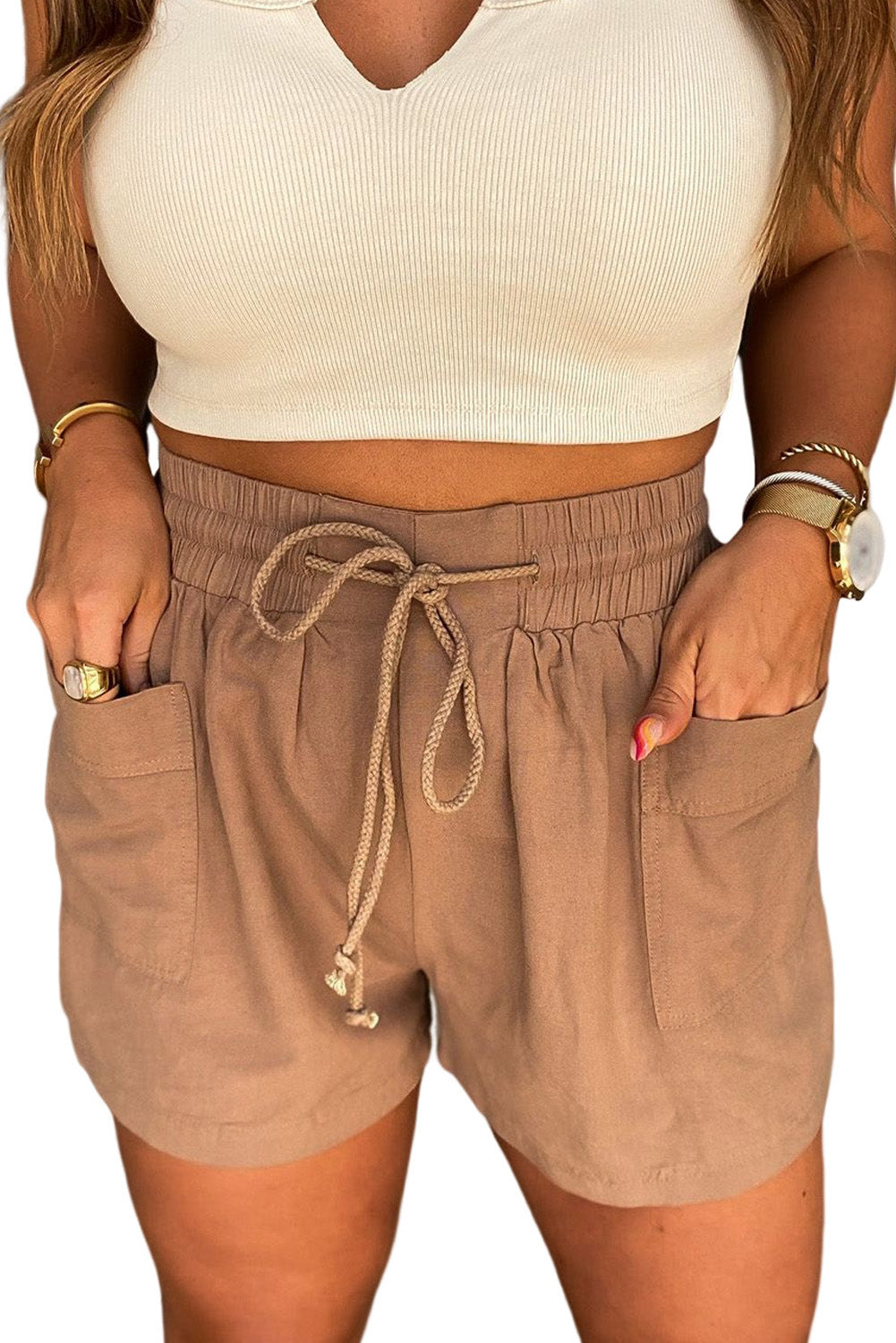 Brown Casual Drawstring High Waisted Shorts with Pockets