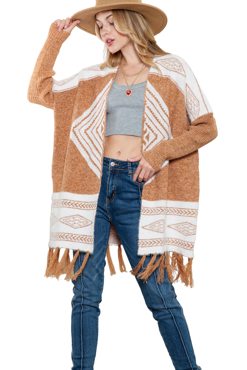 Brown Colorblock Furry Knit Tassel Hem Cardigan
