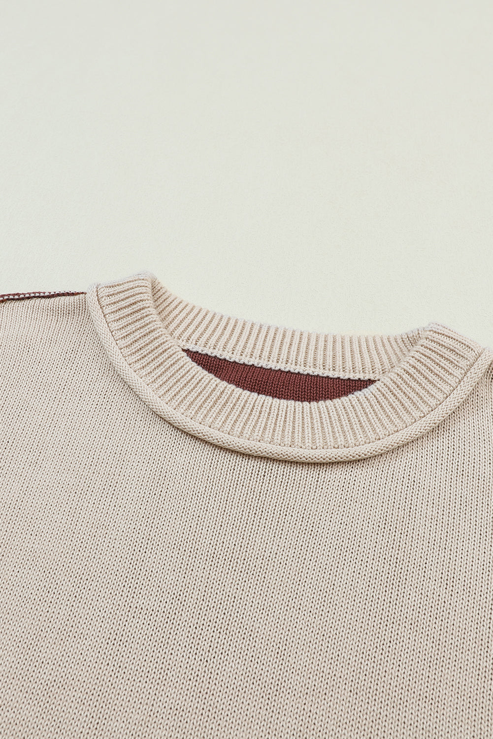 Brown Colorblock Bishop Sleeve Exposed Seam Ribbed Trim Sweater