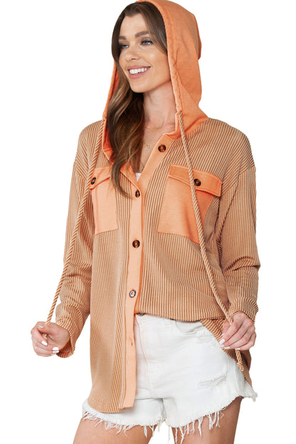 Apricot Flap Pockets Patchwork Hooded Ribbed Shacket