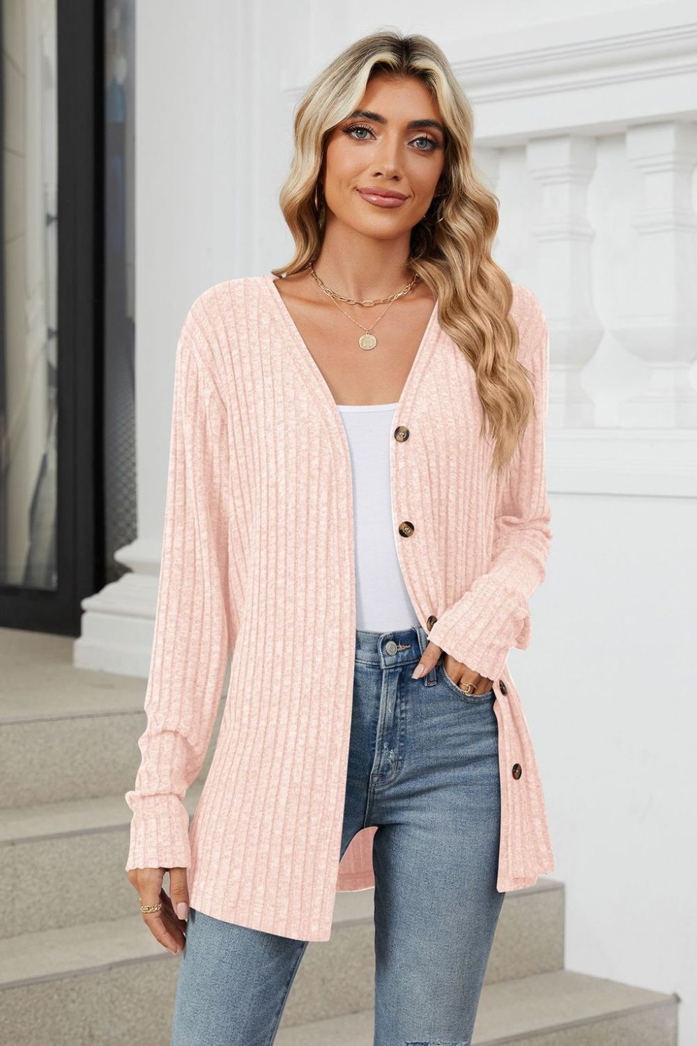 Ribbed Button Up Long Sleeve Cardigan