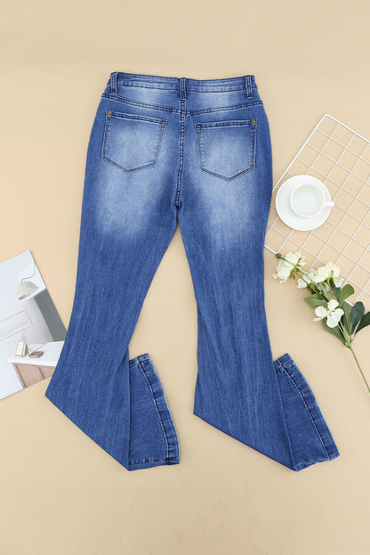 Blue Distressed High Waist Flare Jeans