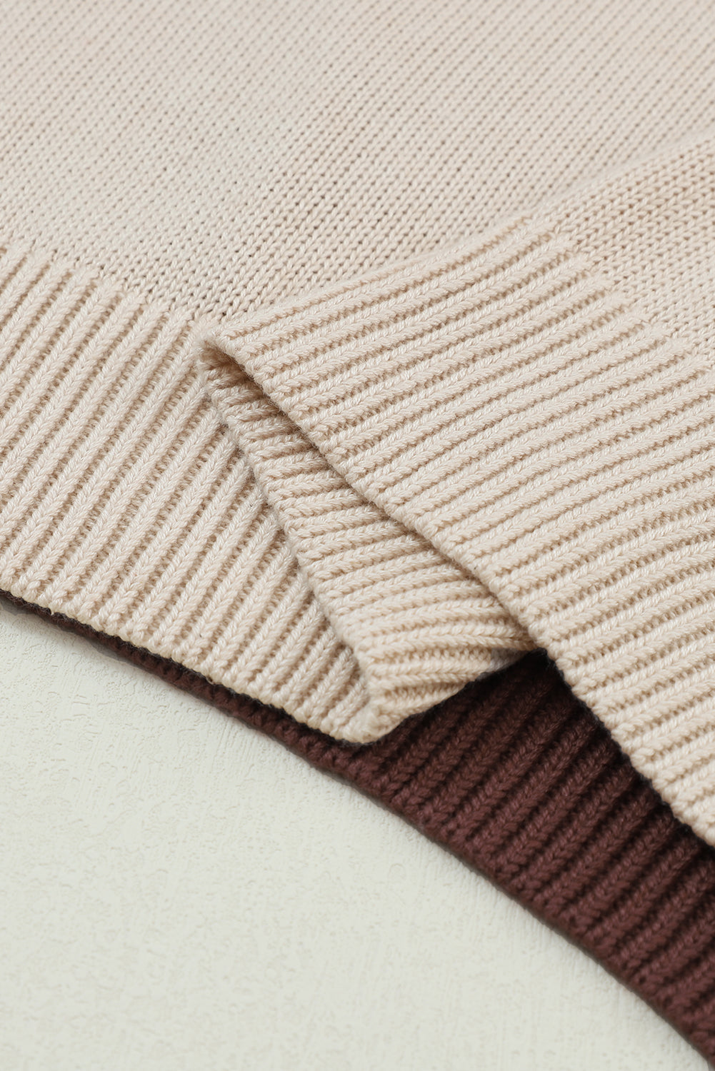 Brown Colorblock Bishop Sleeve Exposed Seam Ribbed Trim Sweater