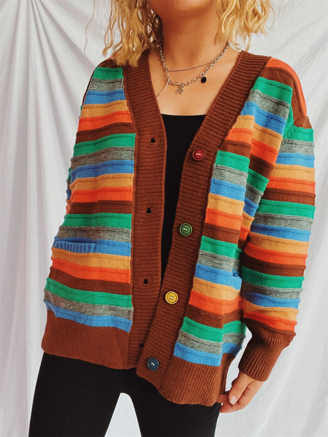 Contrast Stripes Button Up Long Sleeve Cardigan