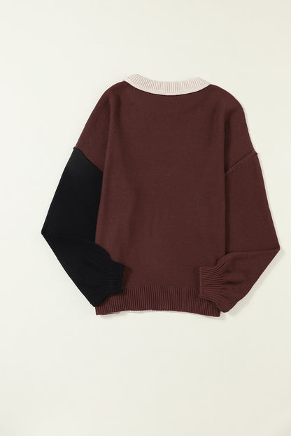 Brown Colorblock Bishop Sleeve Exposed Seam Ribbed Trim Sweater