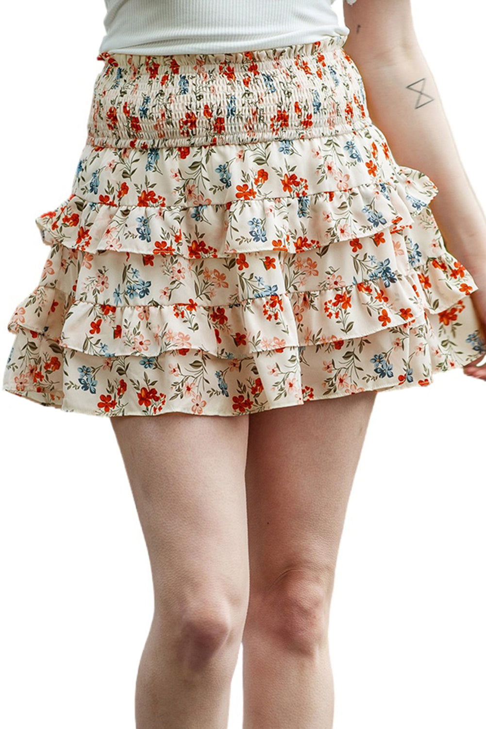 Beige Smocked High Waist Ruffle Tiered Floral Skirt