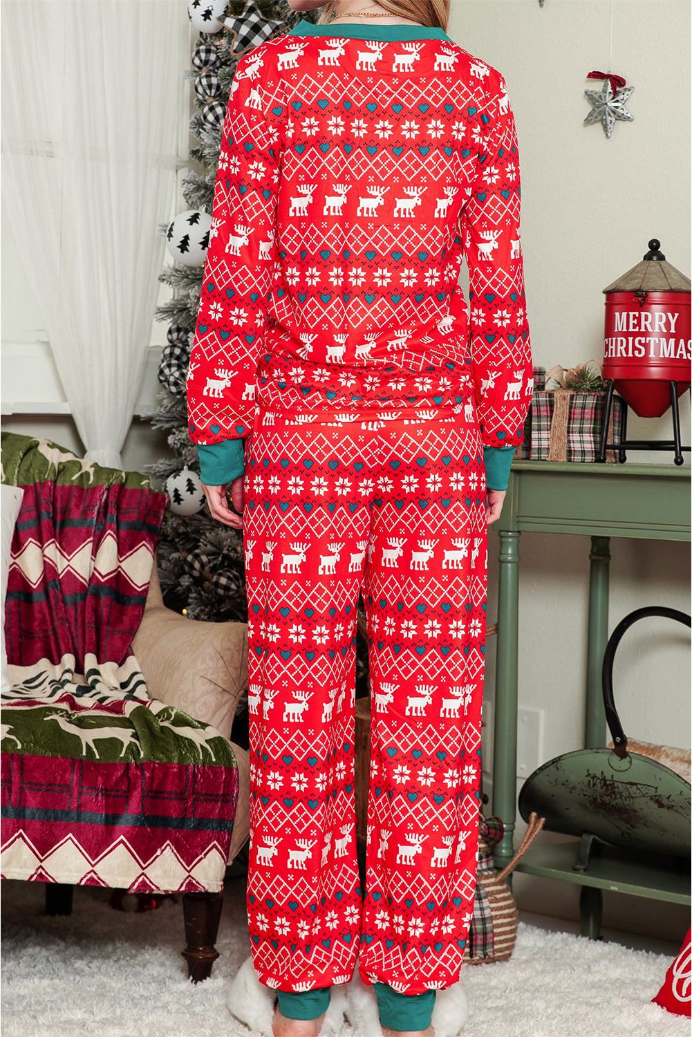 Red Christmas Print Henley Top & Pants Pajama Set